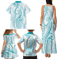 Polynesia Plumeria Lei Family Matching Tank Maxi Dress and Hawaiian Shirt White Turquoise Curves Motif LT7 - Polynesian Pride