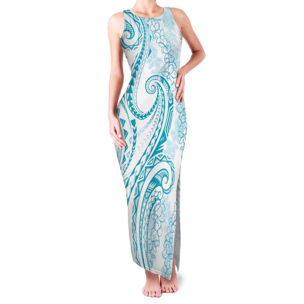 Polynesia Plumeria Lei Family Matching Tank Maxi Dress and Hawaiian Shirt White Turquoise Curves Motif LT7 Mom's Dress Turquoise - Polynesian Pride