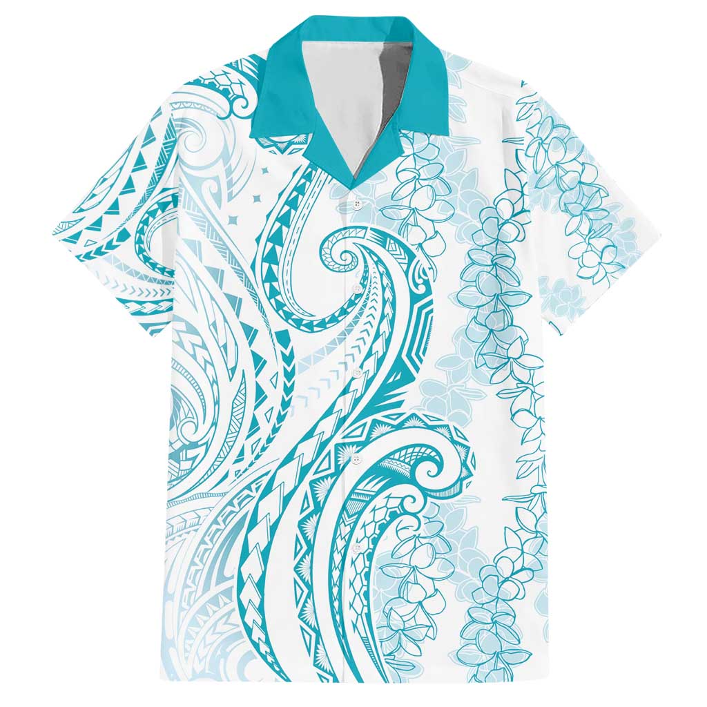 Polynesia Plumeria Lei Hawaiian Shirt White Turquoise Curves Motif