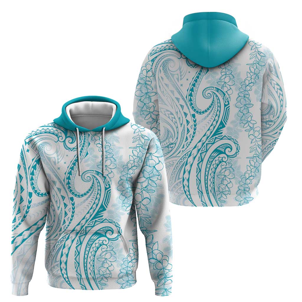 Polynesia Plumeria Lei Hoodie White Turquoise Curves Motif