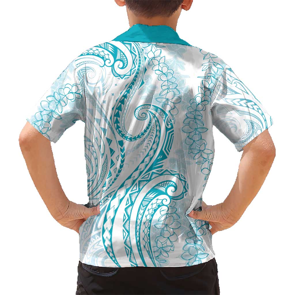 Polynesia Plumeria Lei Kid Hawaiian Shirt White Turquoise Curves Motif