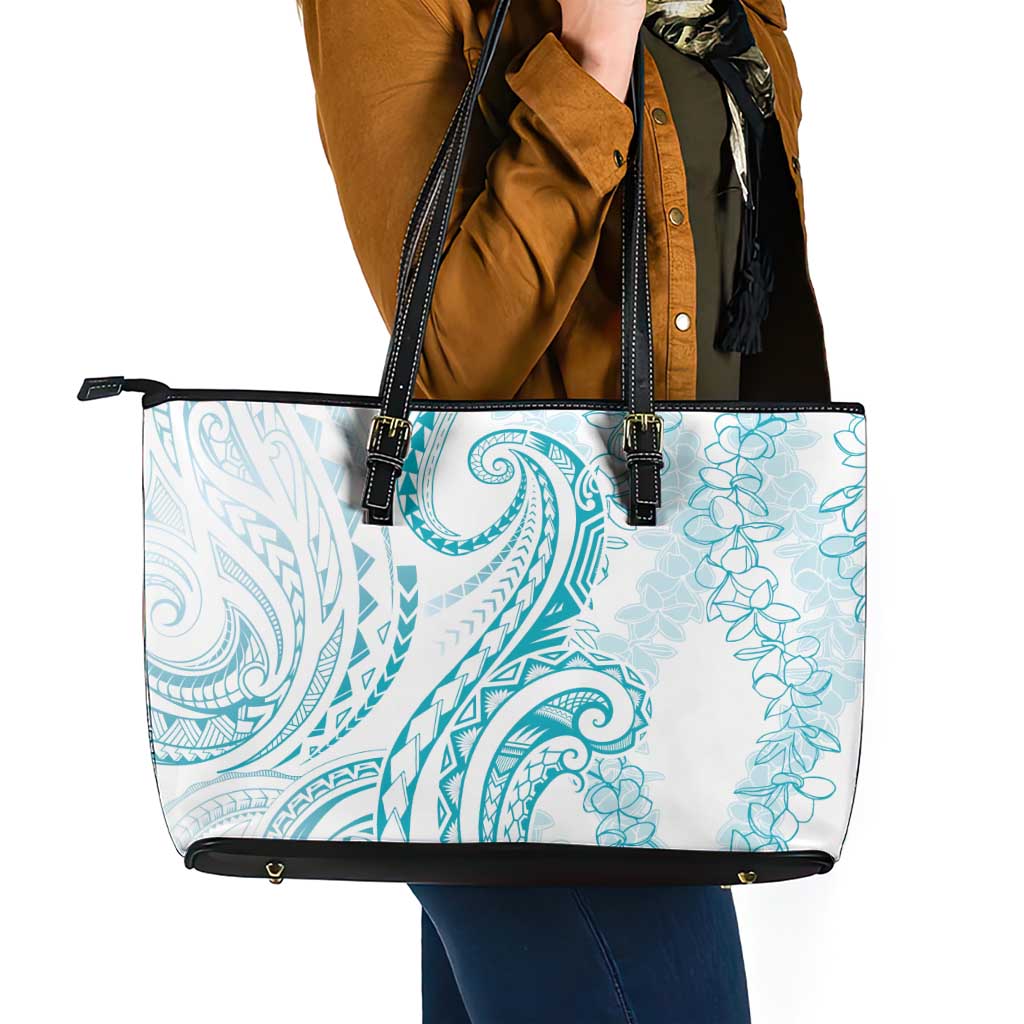 Polynesia Plumeria Lei Leather Tote Bag White Turquoise Curves Motif