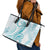 Polynesia Plumeria Lei Leather Tote Bag White Turquoise Curves Motif