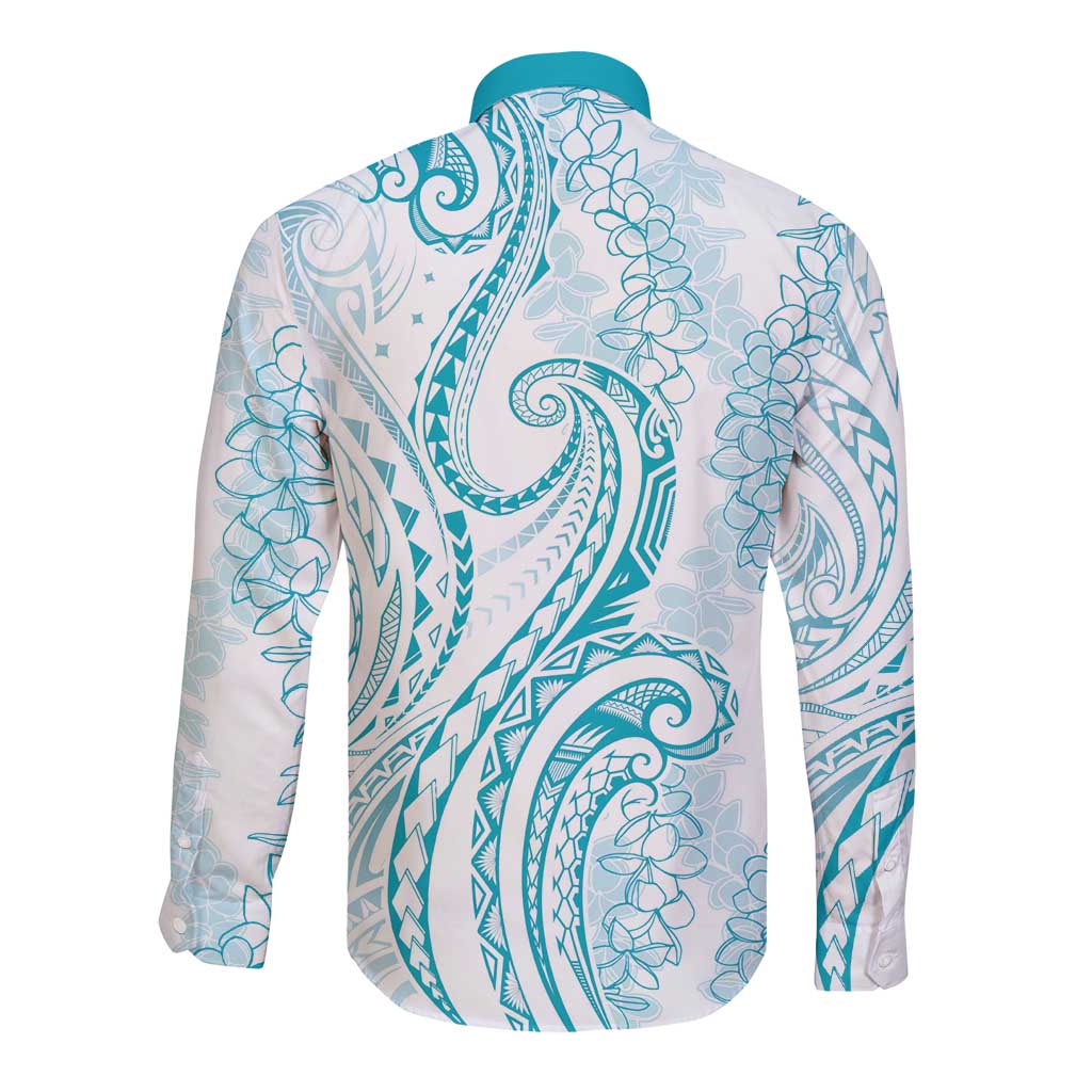Polynesia Plumeria Lei Long Sleeve Button Shirt White Turquoise Curves Motif