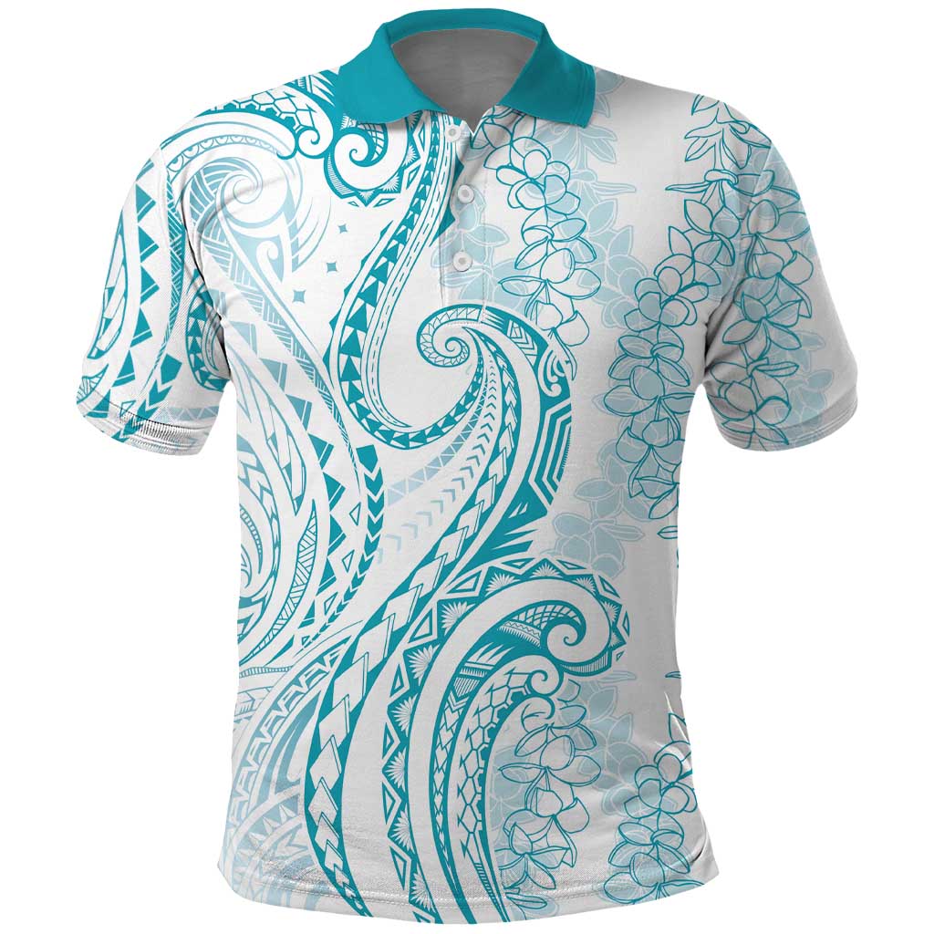 Polynesia Plumeria Lei Polo Shirt White Turquoise Curves Motif