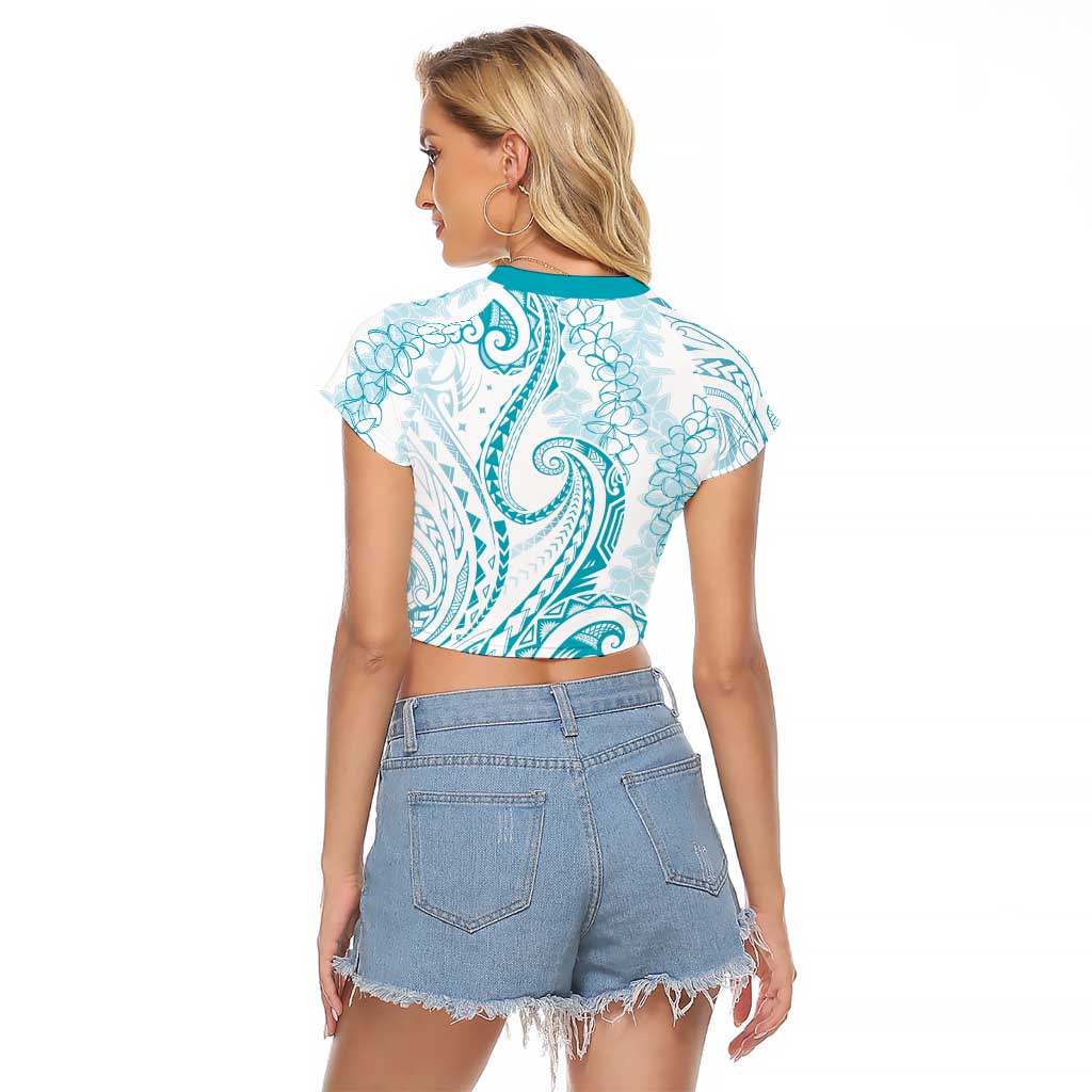Polynesia Plumeria Lei Raglan Cropped T Shirt White Turquoise Curves Motif