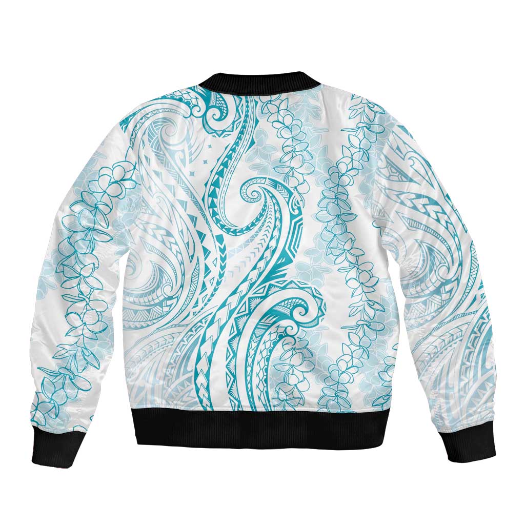 Polynesia Plumeria Lei Sleeve Zip Bomber Jacket White Turquoise Curves Motif