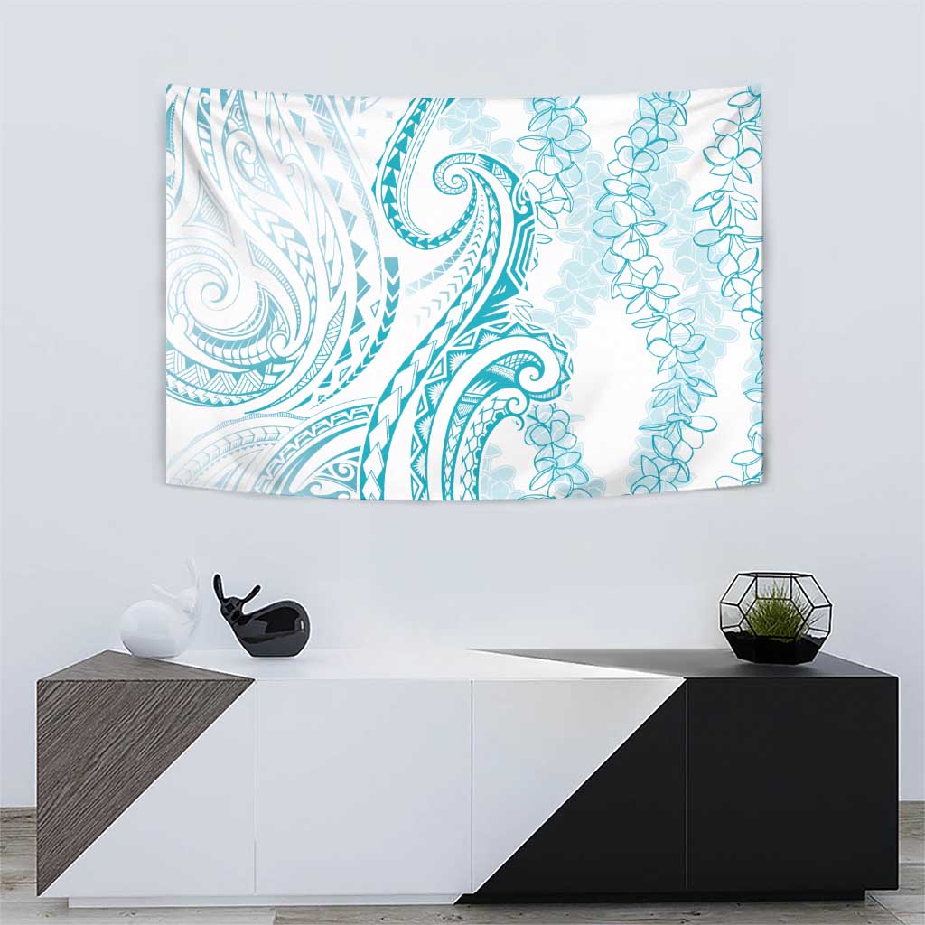 Polynesia Plumeria Lei Tapestry White Turquoise Curves Motif