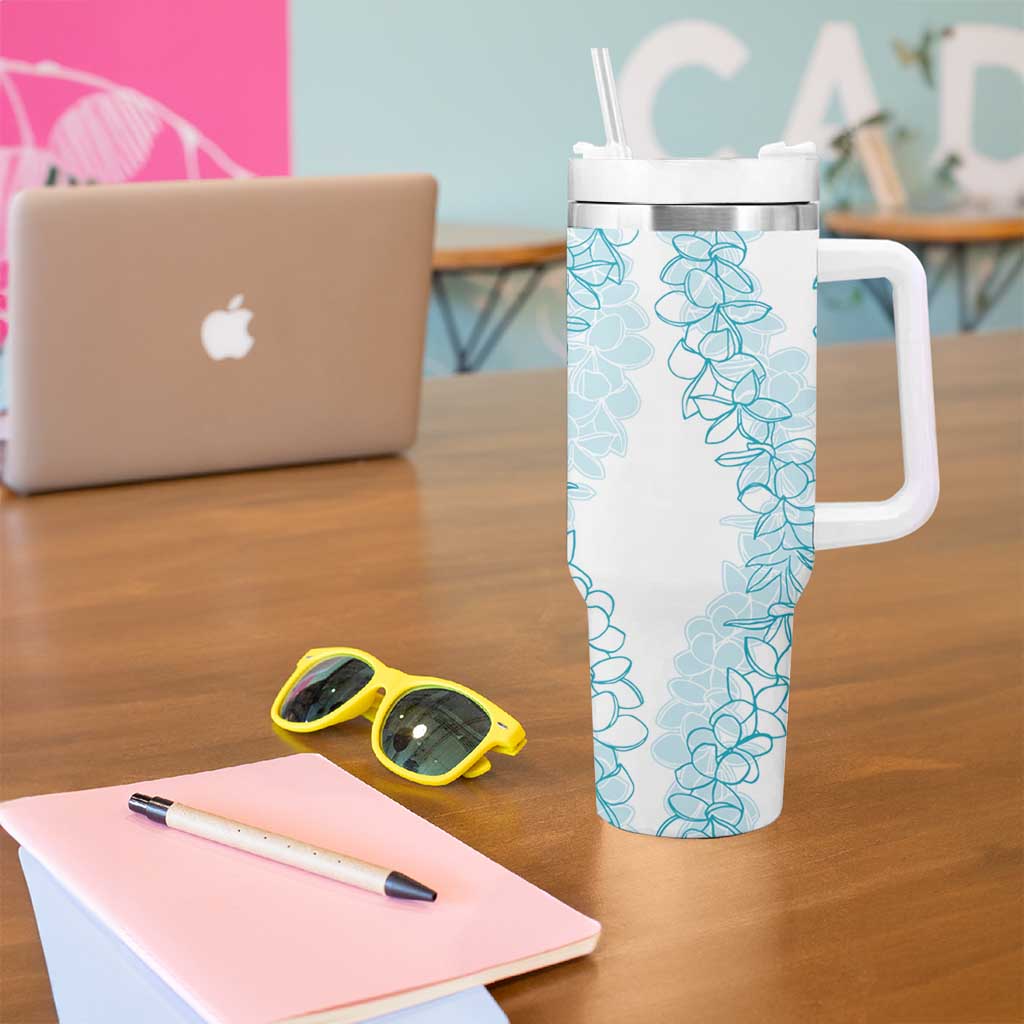 Polynesia Plumeria Lei Tumbler With Handle White Turquoise Curves Motif