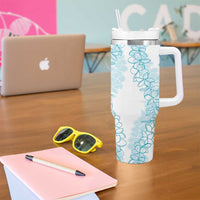 Polynesia Plumeria Lei Tumbler With Handle White Turquoise Curves Motif