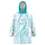 Polynesia Plumeria Lei Wearable Blanket Hoodie White Turquoise Curves Motif