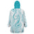 Polynesia Plumeria Lei Wearable Blanket Hoodie White Turquoise Curves Motif