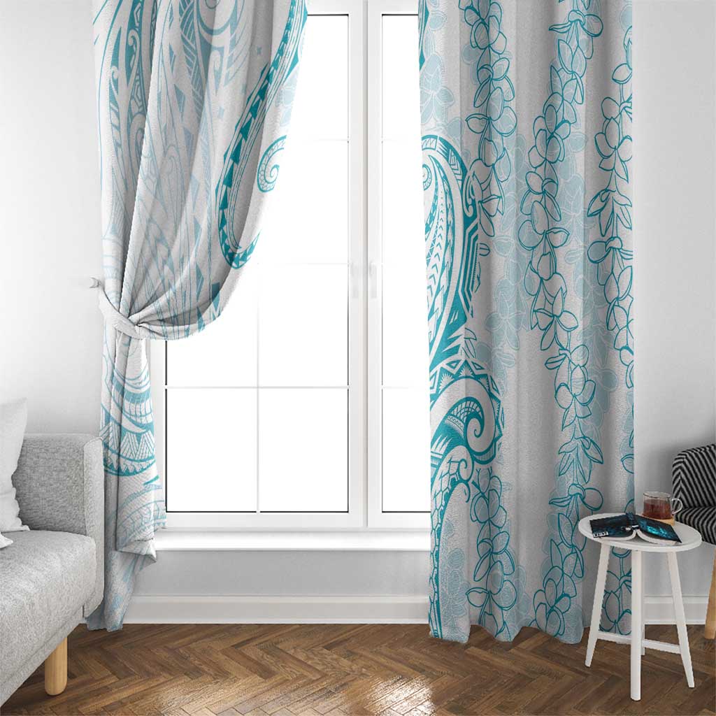 Polynesia Plumeria Lei Window Curtain White Turquoise Curves Motif