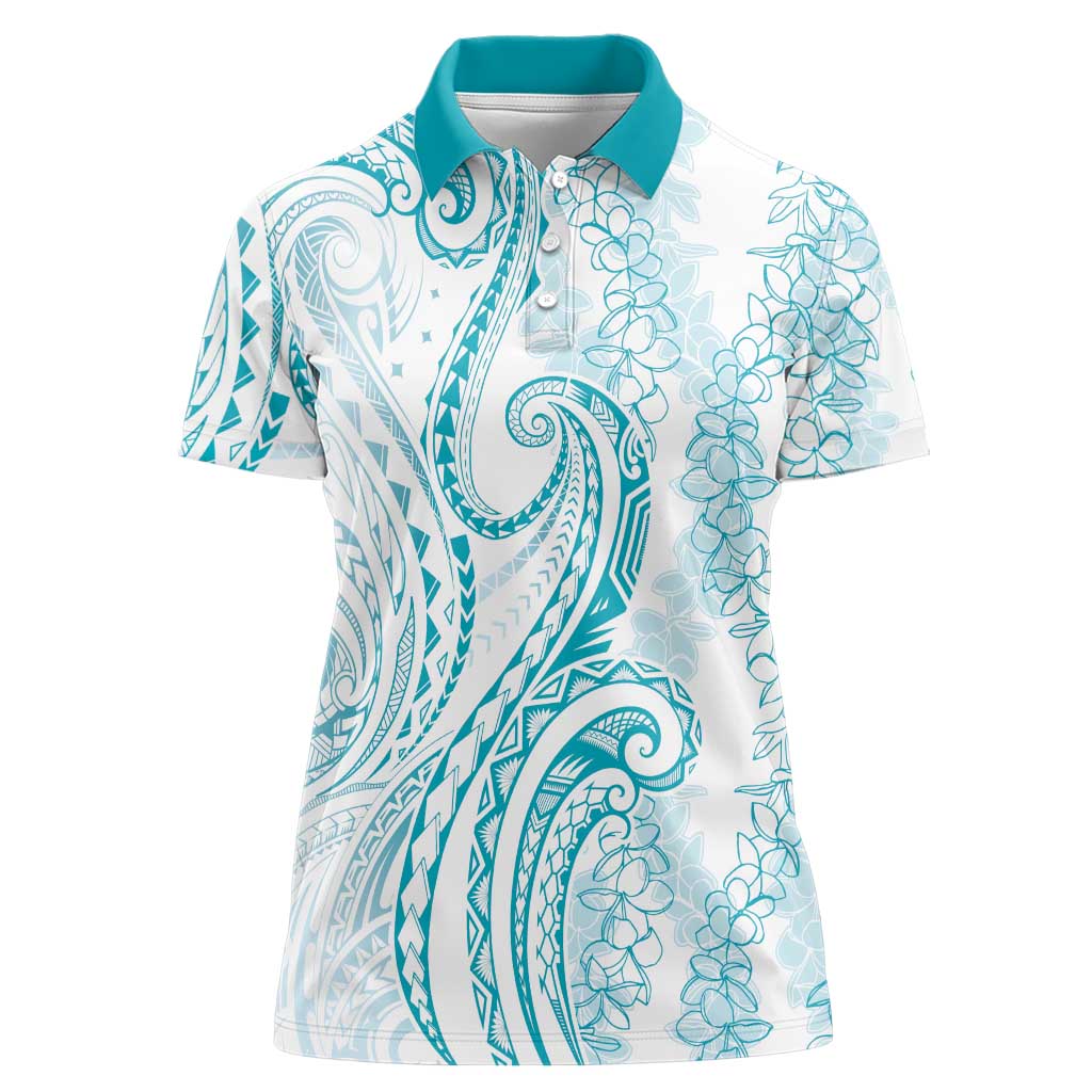 Polynesia Plumeria Lei Women Polo Shirt White Turquoise Curves Motif LT7 Female Turquoise - Polynesian Pride