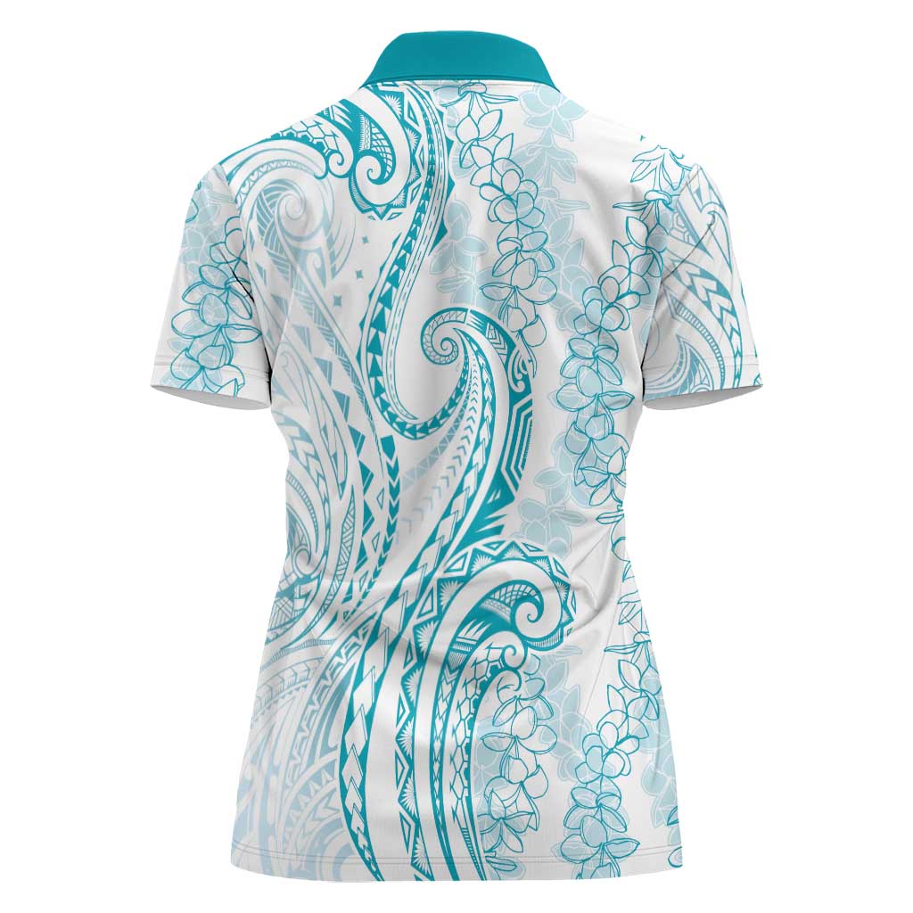 Polynesia Plumeria Lei Women Polo Shirt White Turquoise Curves Motif LT7 - Polynesian Pride