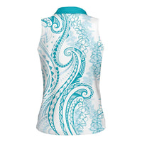 Polynesia Plumeria Lei Women Sleeveless Polo Shirt White Turquoise Curves Motif