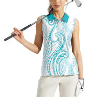 Polynesia Plumeria Lei Women Sleeveless Polo Shirt White Turquoise Curves Motif
