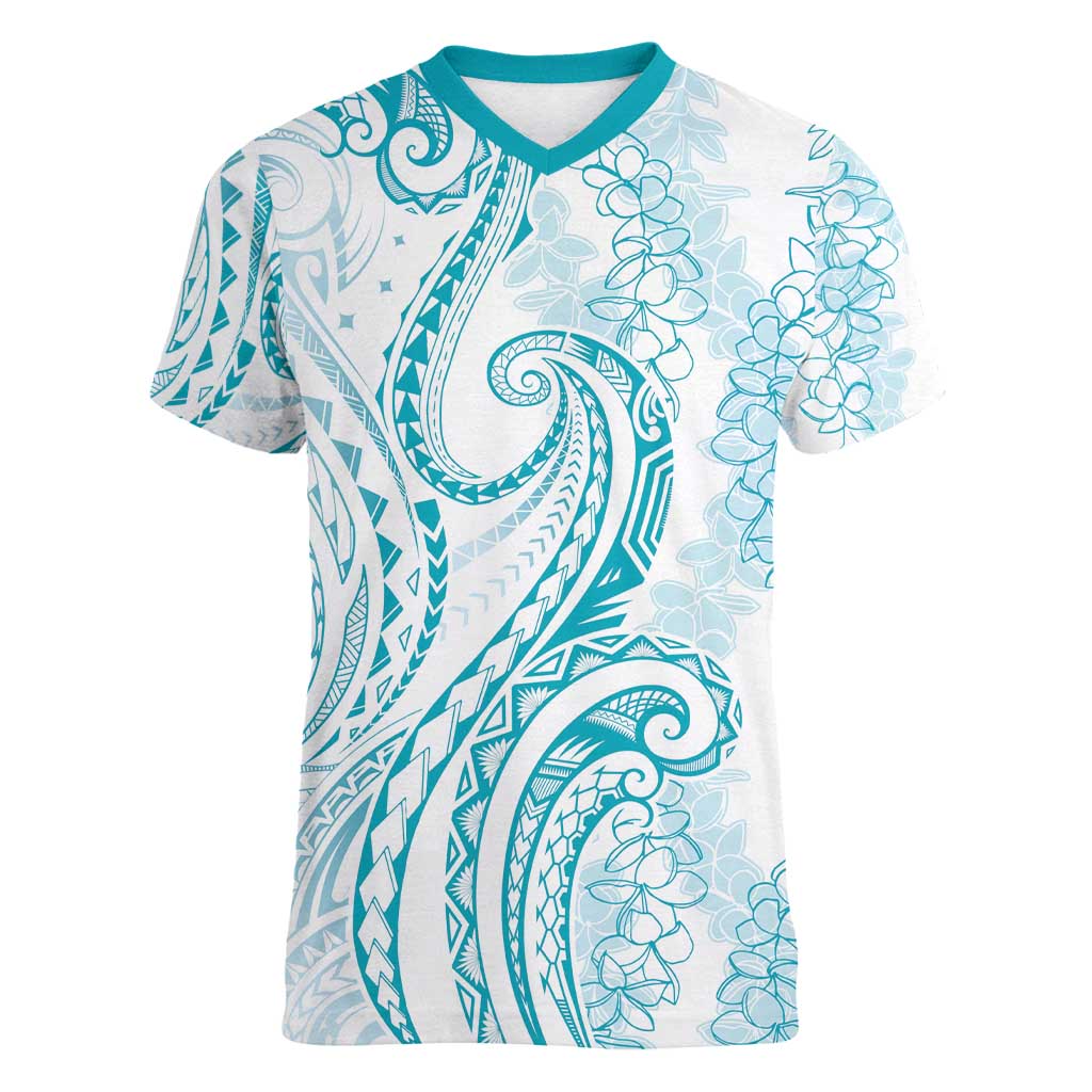 Polynesia Plumeria Lei Women V-Neck T-Shirt White Turquoise Curves Motif