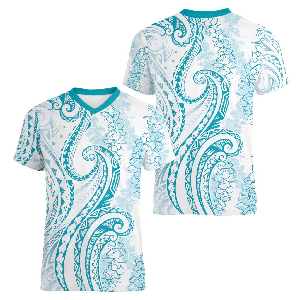 Polynesia Plumeria Lei Women V-Neck T-Shirt White Turquoise Curves Motif