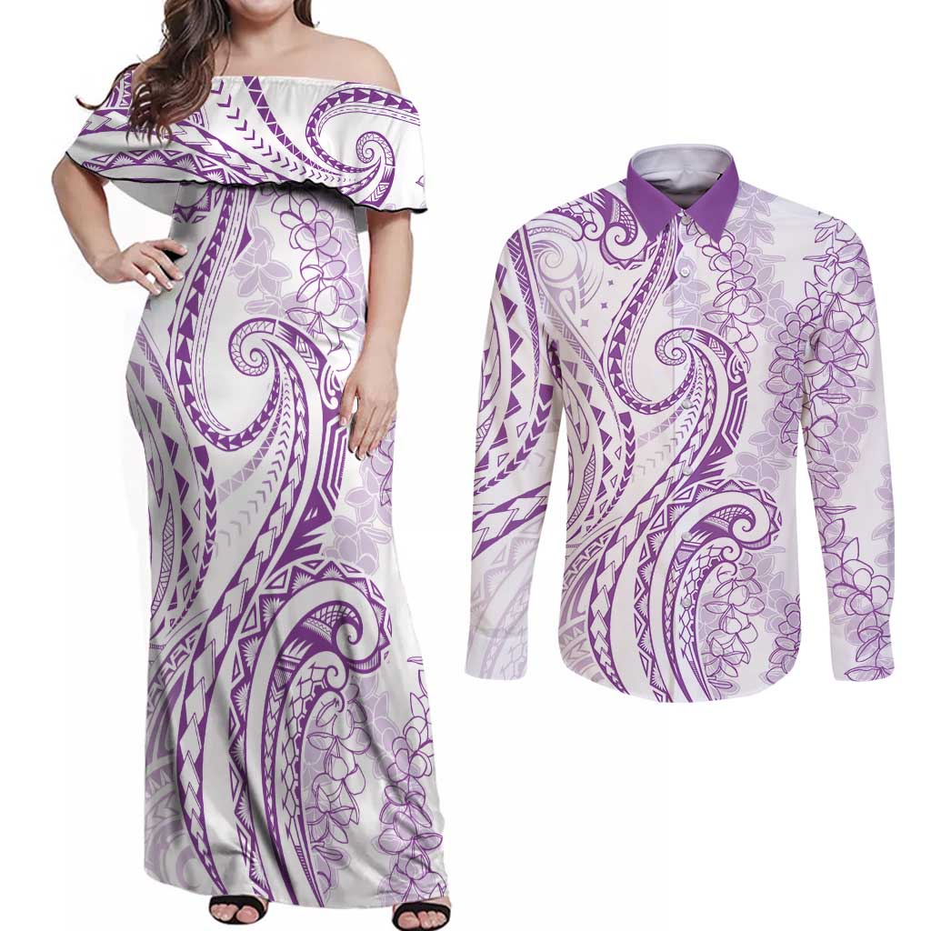 Polynesia Plumeria Lei Couples Matching Off Shoulder Maxi Dress and Long Sleeve Button Shirt White Violet Curves Motif