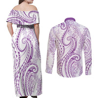 Polynesia Plumeria Lei Couples Matching Off Shoulder Maxi Dress and Long Sleeve Button Shirt White Violet Curves Motif
