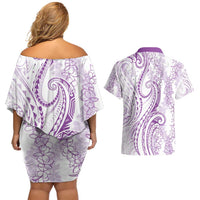 Polynesia Plumeria Lei Couples Matching Off Shoulder Short Dress and Hawaiian Shirt White Violet Curves Motif