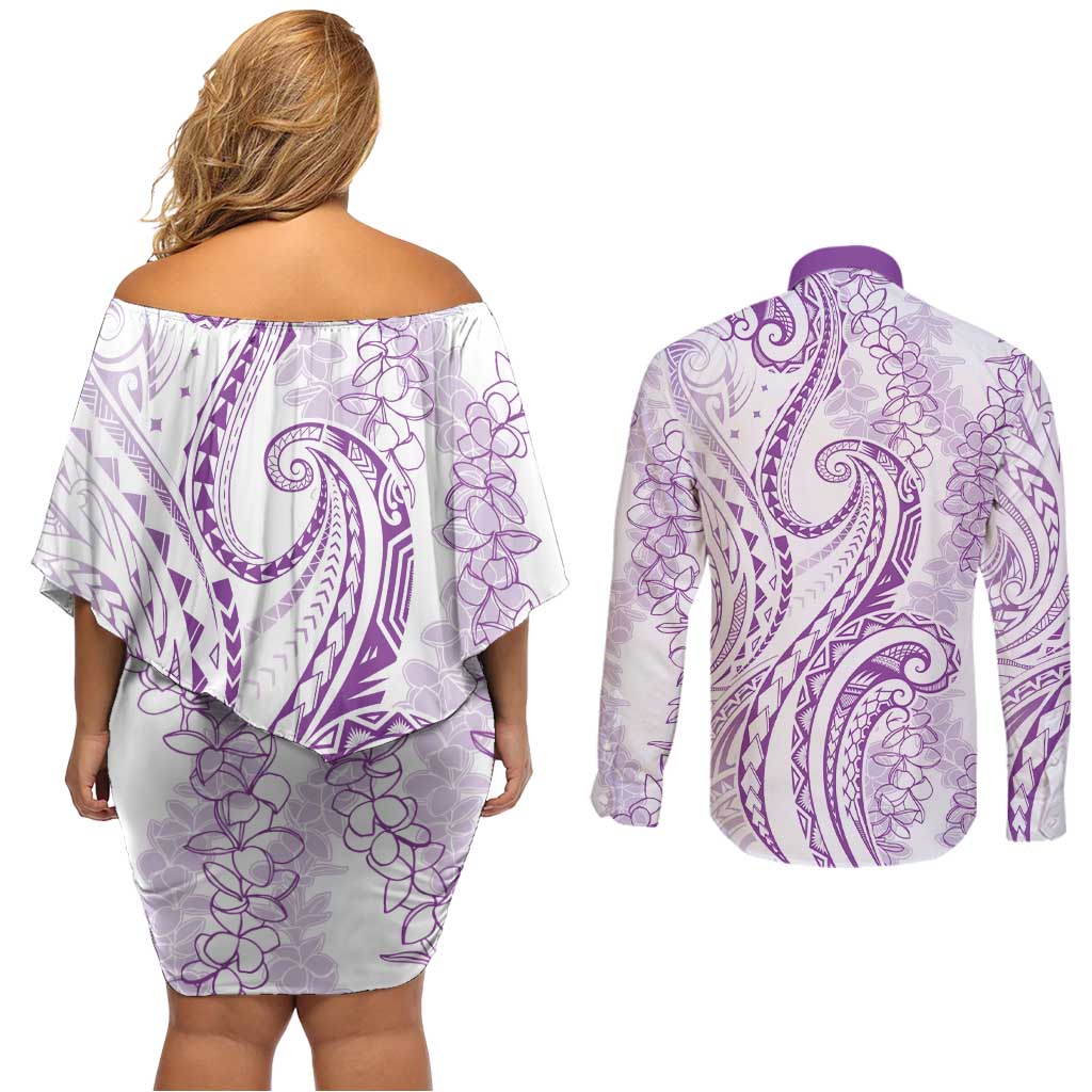 Polynesia Plumeria Lei Couples Matching Off Shoulder Short Dress and Long Sleeve Button Shirt White Violet Curves Motif