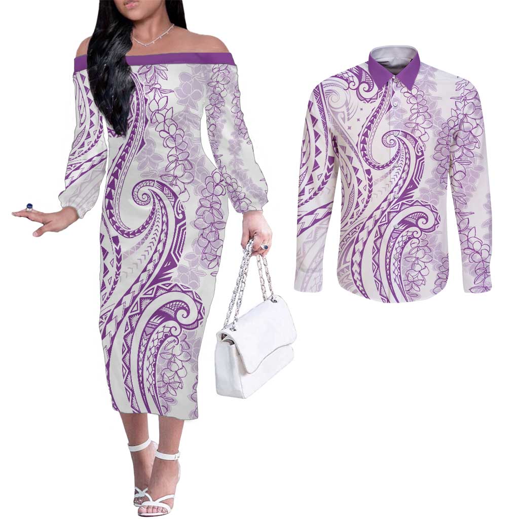 Polynesia Plumeria Lei Couples Matching Off The Shoulder Long Sleeve Dress and Long Sleeve Button Shirt White Violet Curves Motif