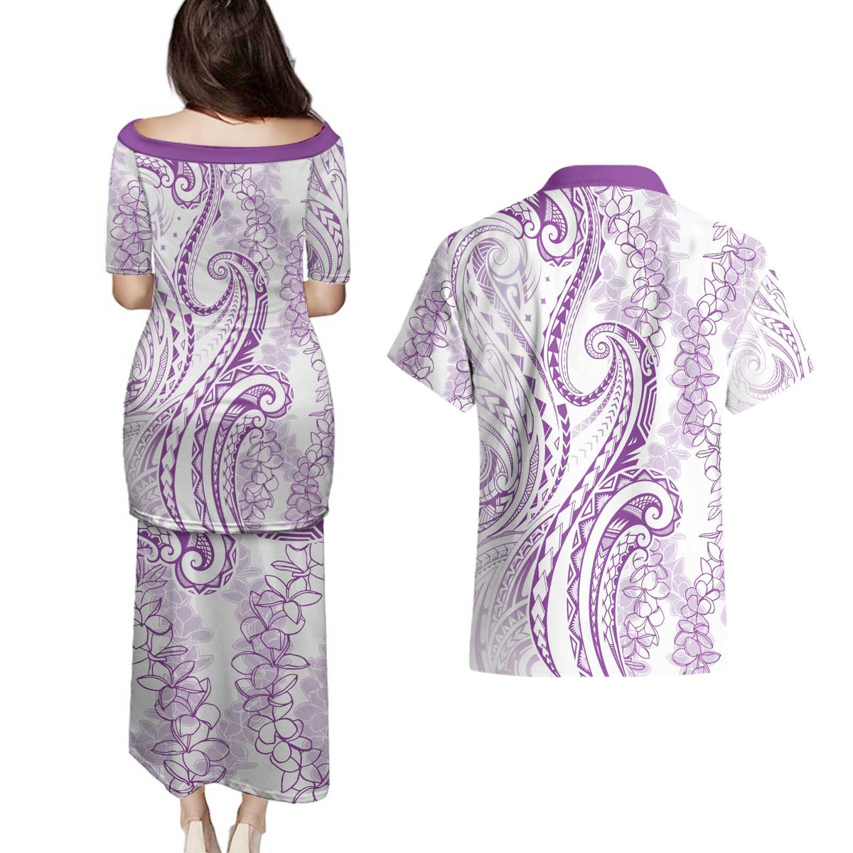 Polynesia Plumeria Lei Couples Matching Puletasi and Hawaiian Shirt White Violet Curves Motif