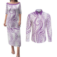 Polynesia Plumeria Lei Couples Matching Puletasi and Long Sleeve Button Shirt White Violet Curves Motif