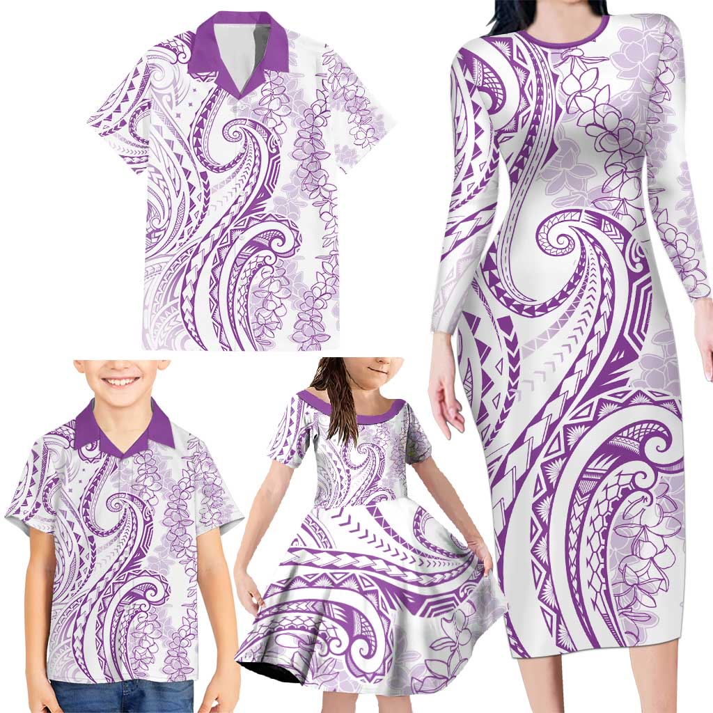 Polynesia Plumeria Lei Family Matching Long Sleeve Bodycon Dress and Hawaiian Shirt White Violet Curves Motif LT7 - Polynesian Pride