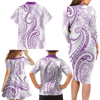 Polynesia Plumeria Lei Family Matching Long Sleeve Bodycon Dress and Hawaiian Shirt White Violet Curves Motif LT7 - Polynesian Pride