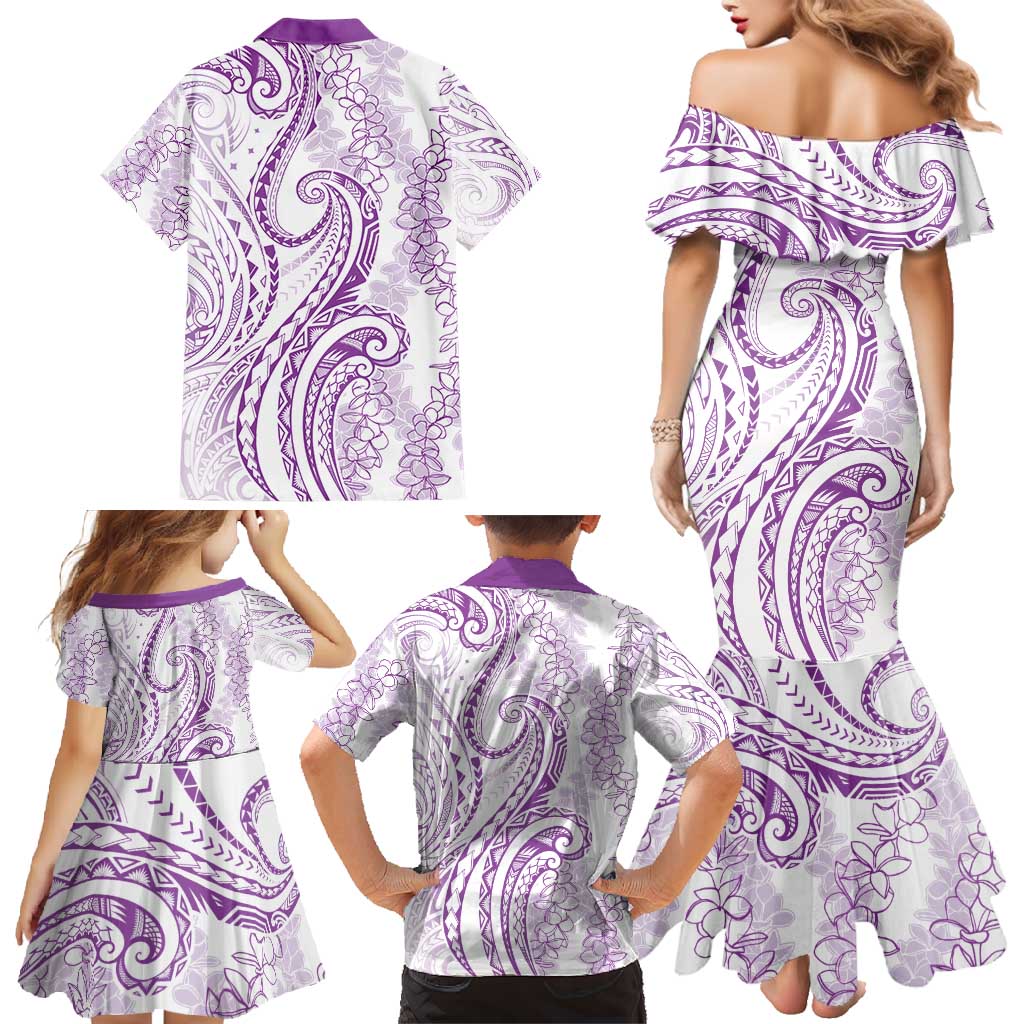 Polynesia Plumeria Lei Family Matching Mermaid Dress and Hawaiian Shirt White Violet Curves Motif LT7 - Polynesian Pride