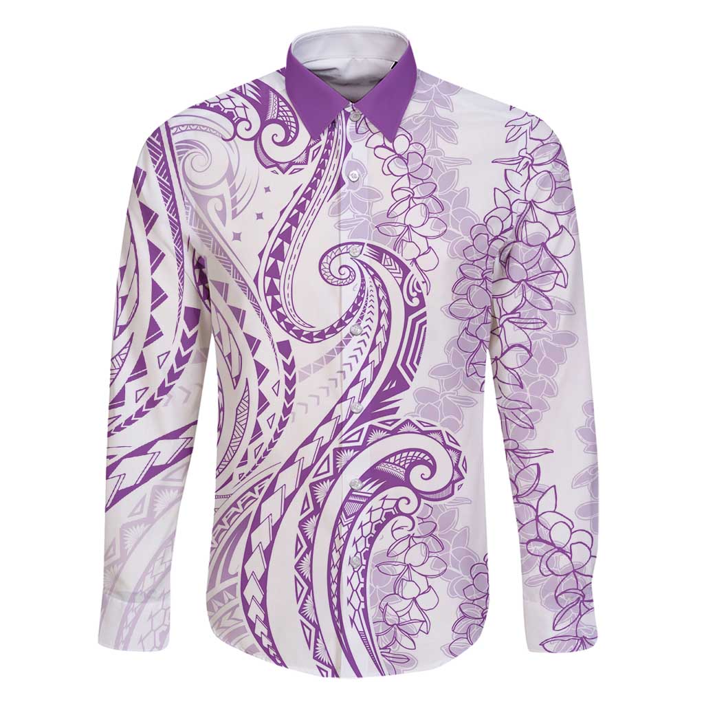 Polynesia Plumeria Lei Family Matching Mermaid Dress and Hawaiian Shirt White Violet Curves Motif LT7 Dad's Shirt - Long Sleeve Violet - Polynesian Pride