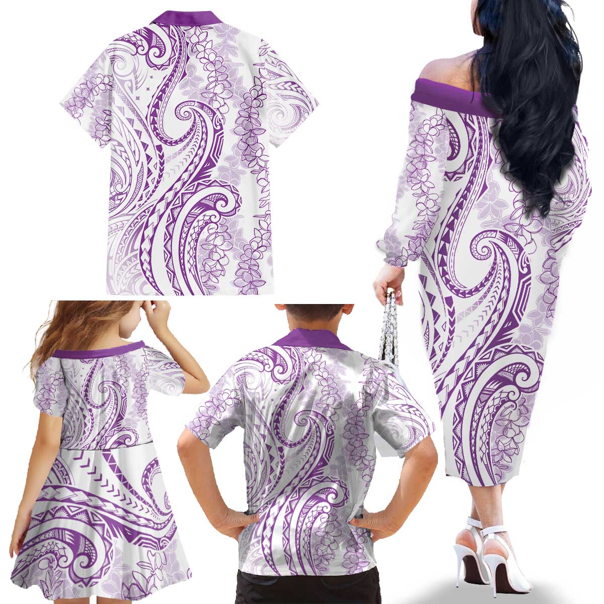 Polynesia Plumeria Lei Family Matching Off The Shoulder Long Sleeve Dress and Hawaiian Shirt White Violet Curves Motif LT7 - Polynesian Pride