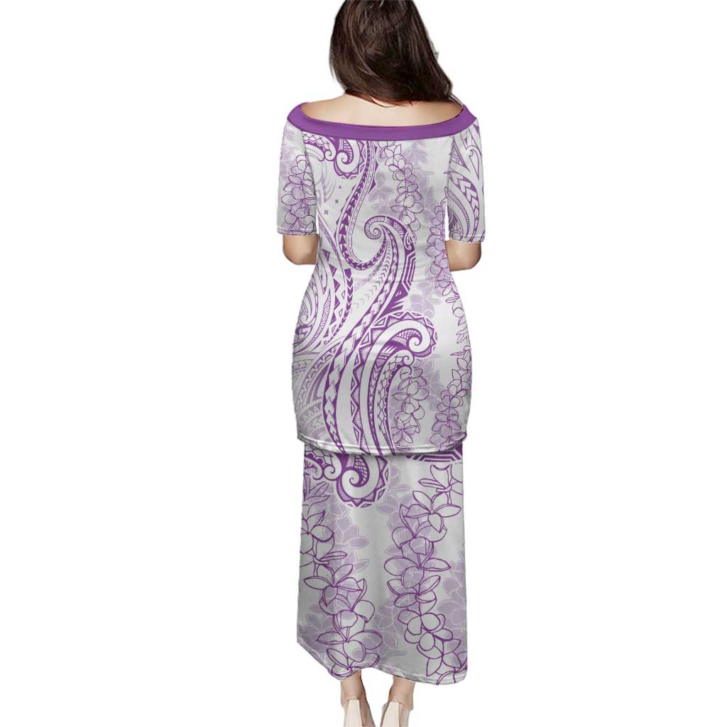 Polynesia Plumeria Lei Family Matching Puletasi and Hawaiian Shirt White Violet Curves Motif