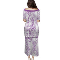 Polynesia Plumeria Lei Family Matching Puletasi and Hawaiian Shirt White Violet Curves Motif