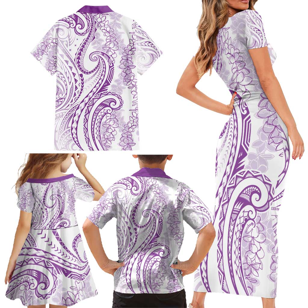 Polynesia Plumeria Lei Family Matching Short Sleeve Bodycon Dress and Hawaiian Shirt White Violet Curves Motif LT7 - Polynesian Pride