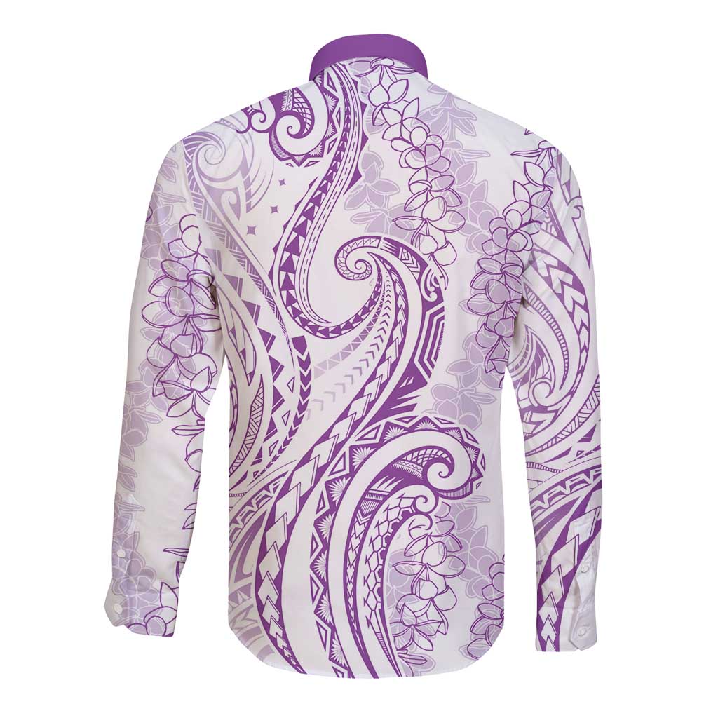 Polynesia Plumeria Lei Long Sleeve Button Shirt White Violet Curves Motif