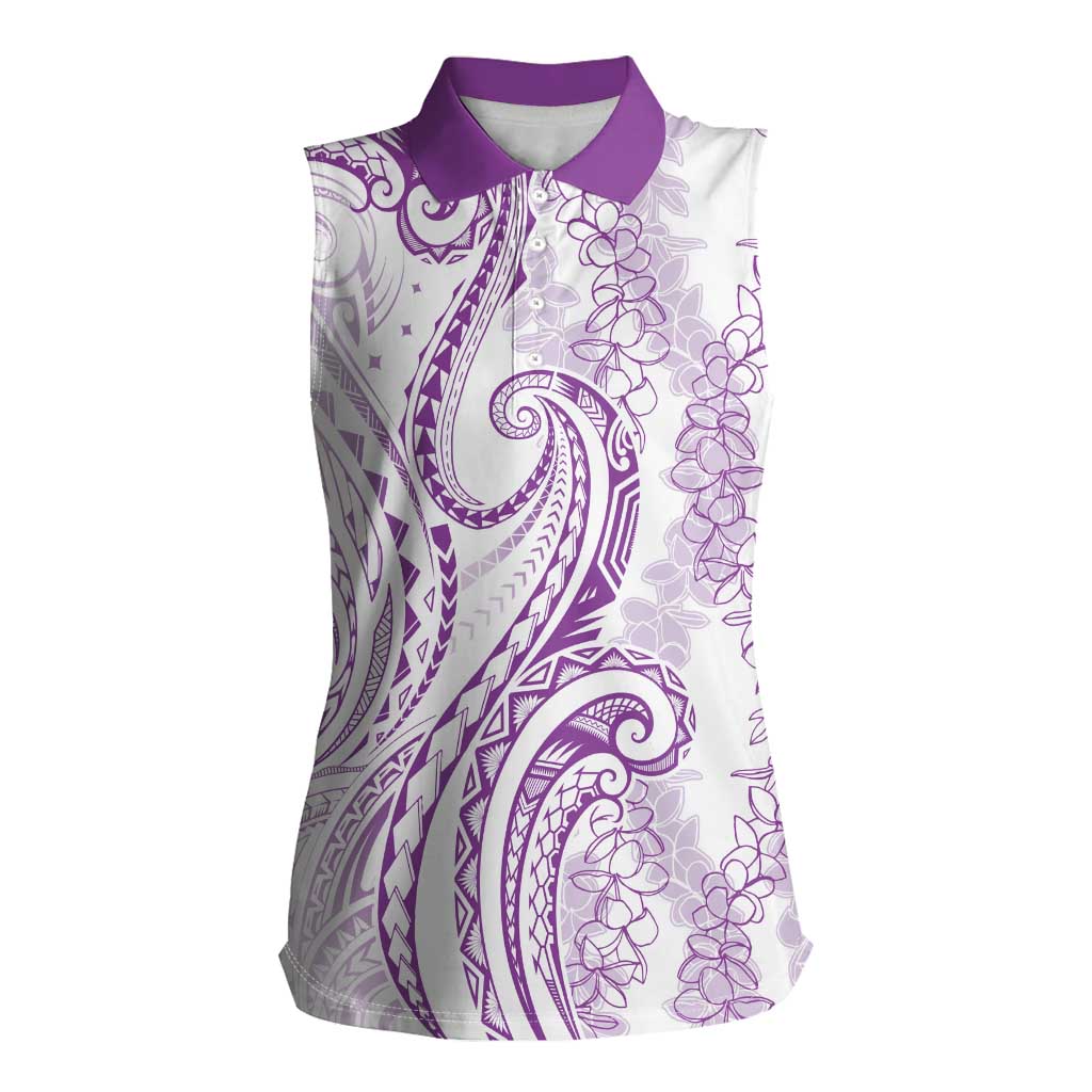 Polynesia Plumeria Lei Women Sleeveless Polo Shirt White Violet Curves Motif