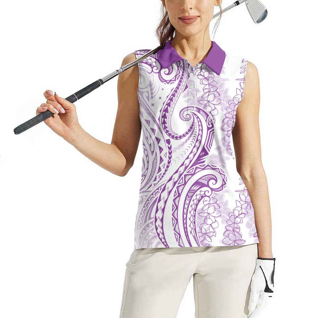 Polynesia Plumeria Lei Women Sleeveless Polo Shirt White Violet Curves Motif