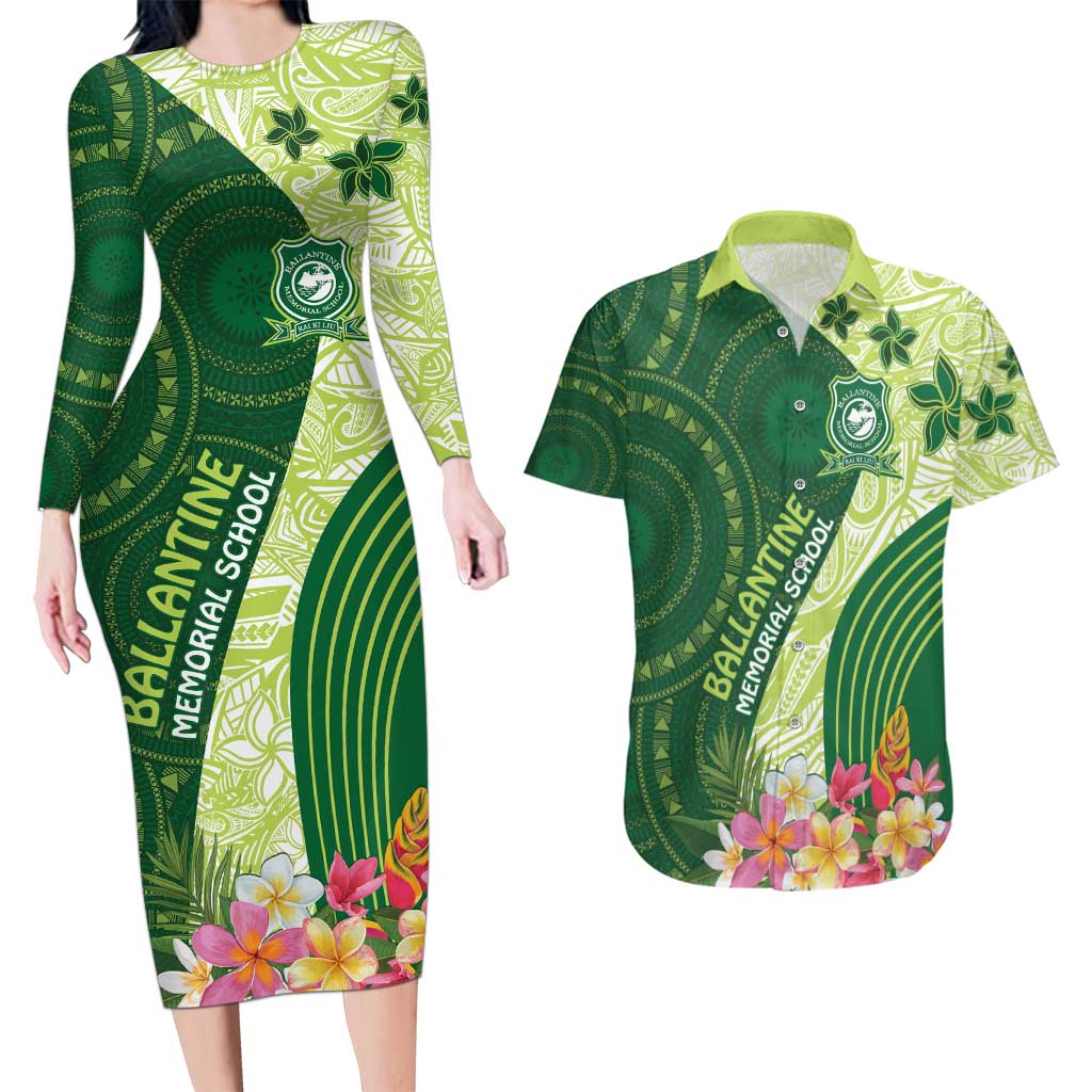 Fiji Ballantine Memorial High School Personalised Couples Matching Long Sleeve Bodycon Dress and Hawaiian Shirt Masi Tapa Mix Plumeria LT7 Green - Polynesian Pride