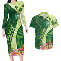 Fiji Ballantine Memorial High School Personalised Couples Matching Long Sleeve Bodycon Dress and Hawaiian Shirt Masi Tapa Mix Plumeria LT7 Green - Polynesian Pride