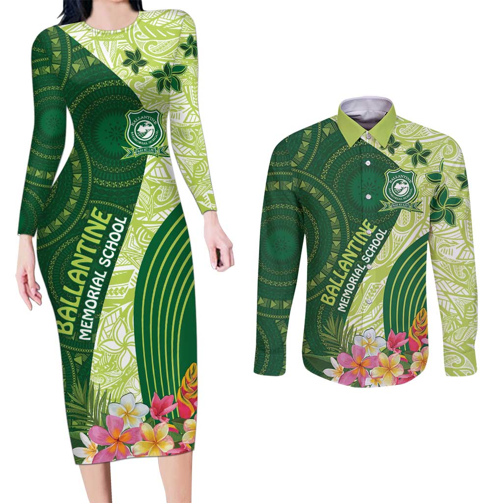 Fiji Ballantine Memorial High School Personalised Couples Matching Long Sleeve Bodycon Dress and Long Sleeve Button Shirt Masi Tapa Mix Plumeria
