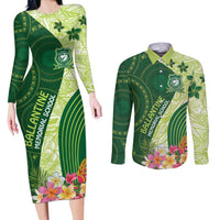 Fiji Ballantine Memorial High School Personalised Couples Matching Long Sleeve Bodycon Dress and Long Sleeve Button Shirt Masi Tapa Mix Plumeria LT7 Green - Polynesian Pride