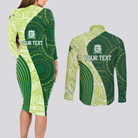Fiji Ballantine Memorial High School Personalised Couples Matching Long Sleeve Bodycon Dress and Long Sleeve Button Shirt Masi Tapa Mix Plumeria LT7 - Polynesian Pride