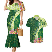 Fiji Ballantine Memorial High School Personalised Couples Matching Mermaid Dress and Hawaiian Shirt Masi Tapa Mix Plumeria LT7 Green - Polynesian Pride