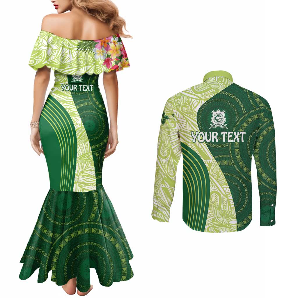 Fiji Ballantine Memorial High School Personalised Couples Matching Mermaid Dress and Long Sleeve Button Shirt Masi Tapa Mix Plumeria LT7 - Polynesian Pride