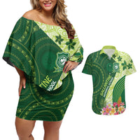Fiji Ballantine Memorial High School Personalised Couples Matching Off Shoulder Short Dress and Hawaiian Shirt Masi Tapa Mix Plumeria LT7 Green - Polynesian Pride