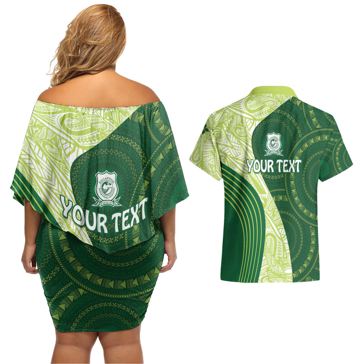 Fiji Ballantine Memorial High School Personalised Couples Matching Off Shoulder Short Dress and Hawaiian Shirt Masi Tapa Mix Plumeria LT7 - Polynesian Pride
